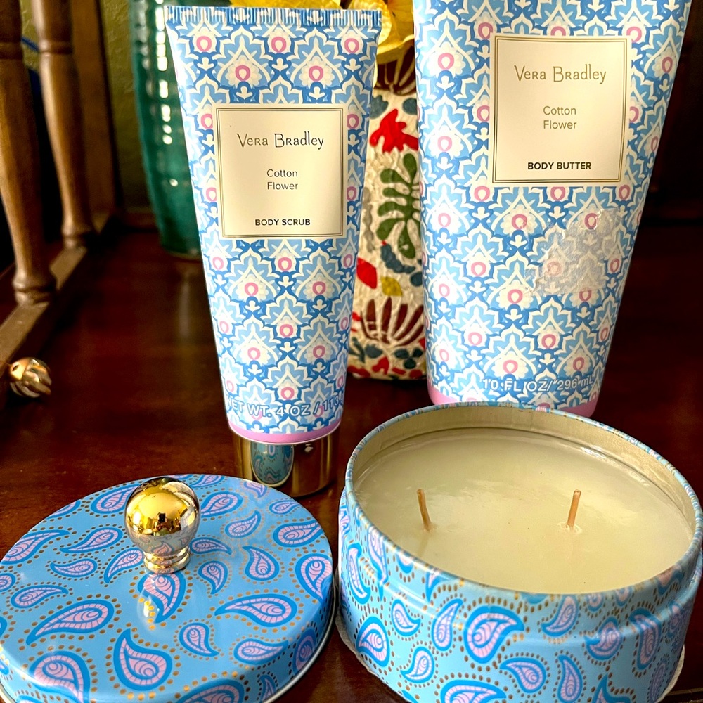 RARE Vera Bradley Cotton Flower Body Butter, Body Scrum and Scented Candle